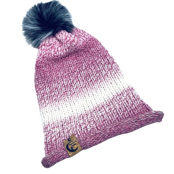 Handmade pom hat rose pink knit slouchy removable faux fur pompom adult winter - Picture 6 of 12